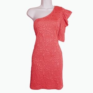 TOTO COLLECTION Coral Pink Rose Ruched One Shoulder Bodycon Dress Large NWT